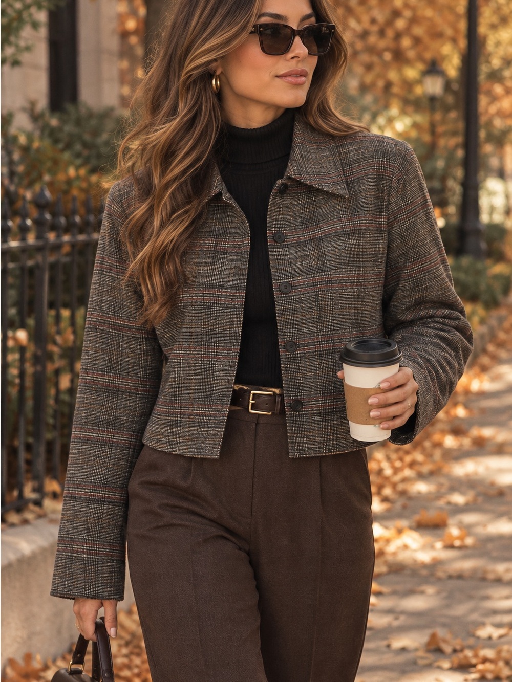 CAbi Cropped Plaid Blazer in Brown and Black